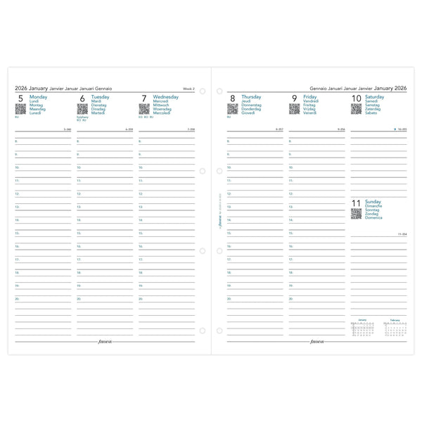 FFX A4 Agenda Semaine/2pages Verticale 5 Langues avec Heures-Recharge Agenda-Filofax-Papeterie du Dôme