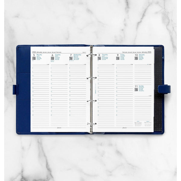 FFX A4 Agenda Semaine/2pages Verticale 5 Langues avec Heures-Recharge Agenda-Filofax-Papeterie du Dôme