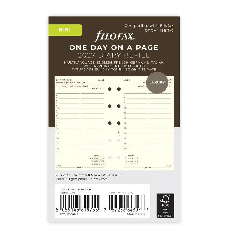 FFX A5 Agenda 1Jour/Page 5 Langues avec Heures-Recharge Agenda-Filofax-2027-Papeterie du Dôme