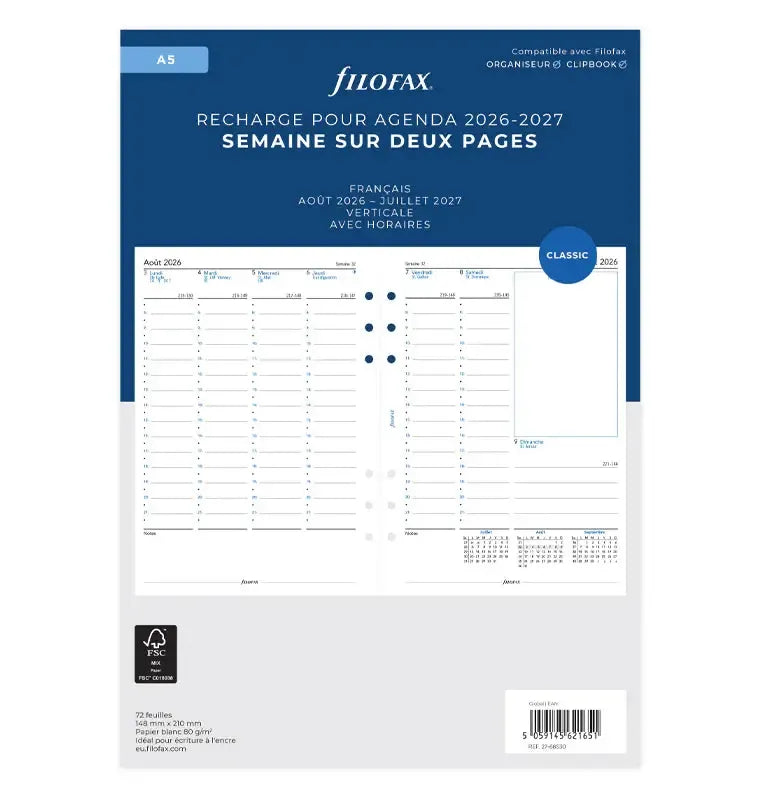 FFX A5 Agenda Août à Juillet Semaine/2 Pages Vertical FR-Recharge-Filofax-2026-2027-Papeterie du Dôme