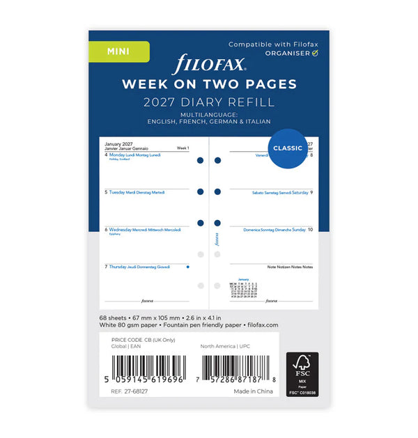FFX Mini Agenda S/2P 4 Langues-Recharge Agenda-Filofax-2027-Papeterie du Dôme