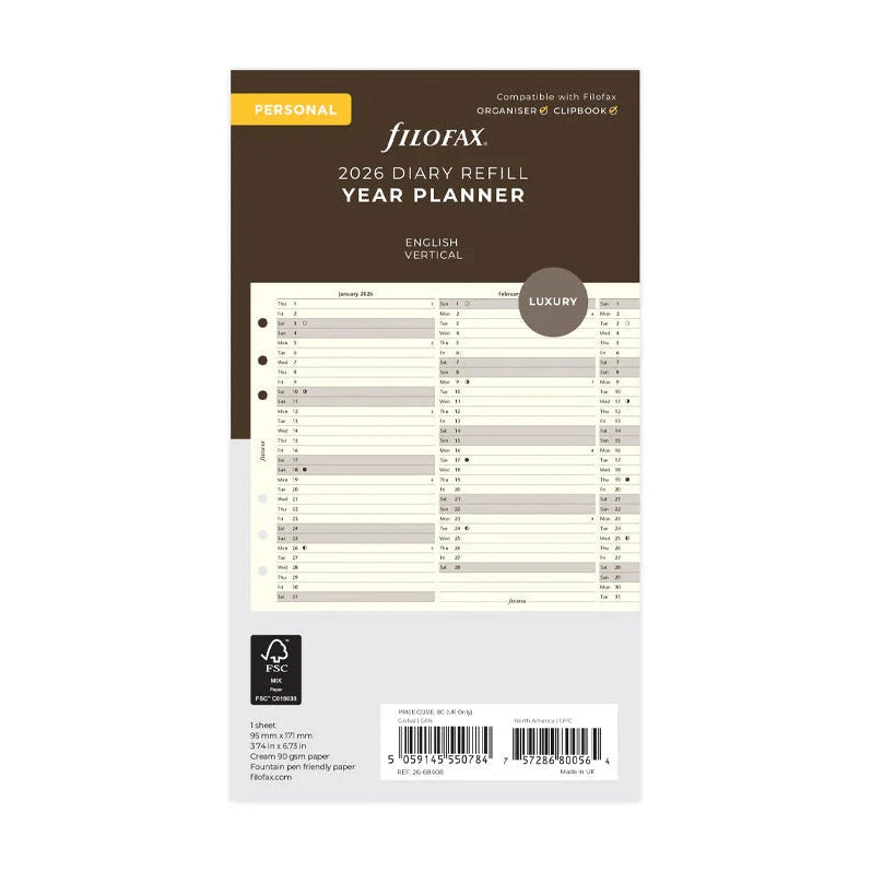 FFX Personal Agenda Planning vertical Anglais crème-Recharge Agenda-Filofax-2026-Papeterie du Dôme