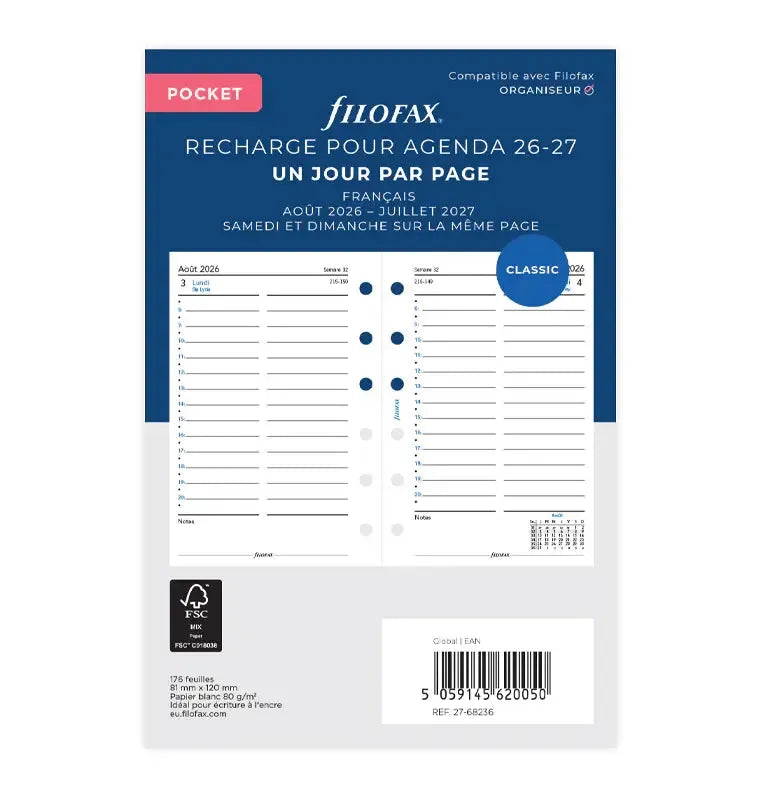 FFX Pocket Agenda Août à Septembre 1Jour/Page-Recharge Agenda-Filofax-2026-2027-Papeterie du Dôme
