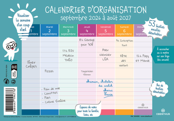OBE Calendrier d'Organisation-Calendrier-Oberthur-2026-2027-Papeterie du Dôme
