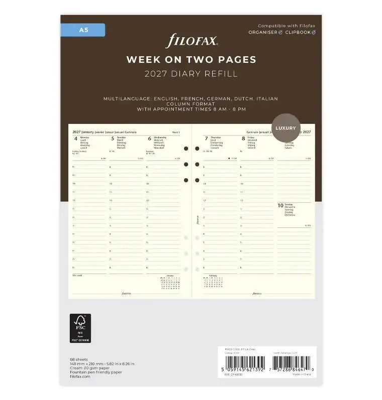 FFX A5 Agenda semaine/2 pages verticale. 5 langues Crème-Recharge Agenda-Filofax-2027-Papeterie du Dôme