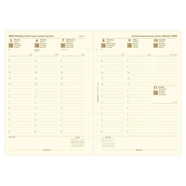 FFX A5 Agenda semaine/2 pages verticale. 5 langues Crème-Recharge Agenda-Filofax-Papeterie du Dôme