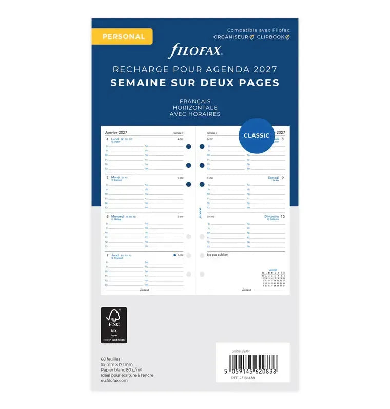 FFX Personal Agenda Semaine/2 Pages Horizontal avec Heures FR-Recharge-Filofax-2027-Papeterie du Dôme
