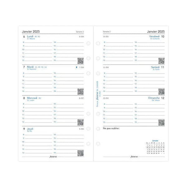 FFX Personal Agenda Semaine/2 Pages Horizontal avec Heures FR-Recharge-Filofax-Papeterie du Dôme